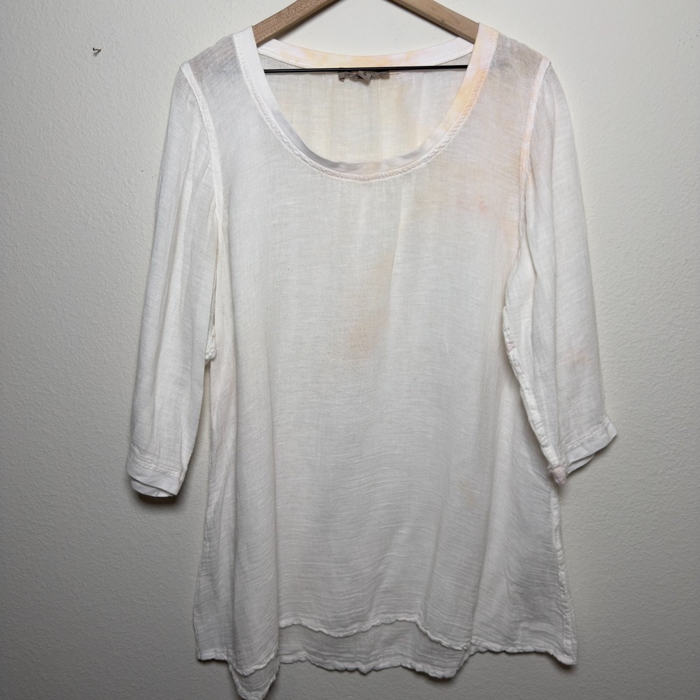 Flax Women 100% Linen Tunic Top Small White‎ Ombre Scoop Neck Coastal 3/4 Sleeve